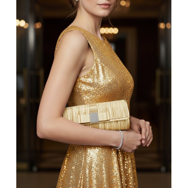 Evening Bag - Pleated Clutch w/ Metal Mesh Accent Bow Flap - Gold - BG-92055G